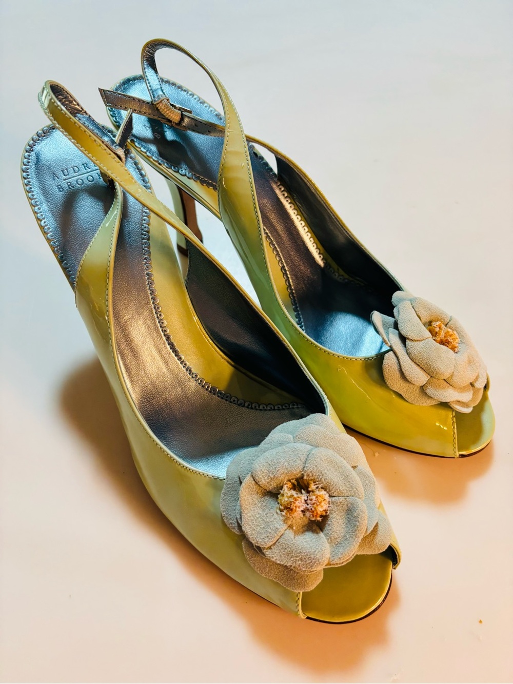 Audrey Brooke Aqua patent leather Peep-Toe Slingback Heels with Flower Accent